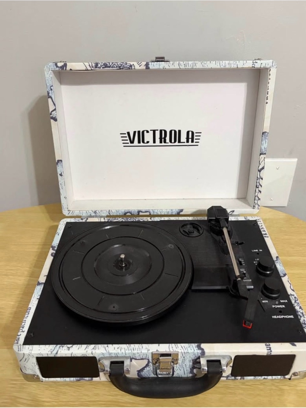 White and blue map design Portable Turntable Record Player